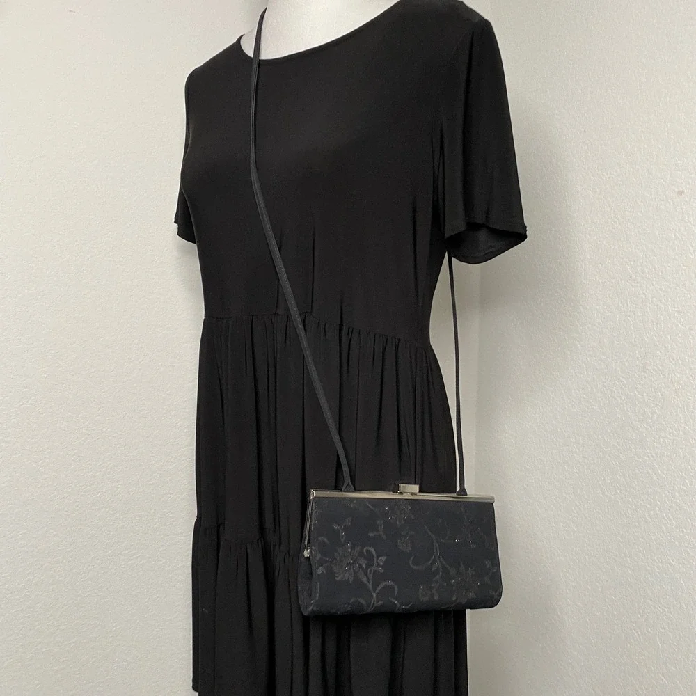 Liz Claiborne Black Floral Glitter Evening Clutch Crossbody Bag Silver‎ Hardware